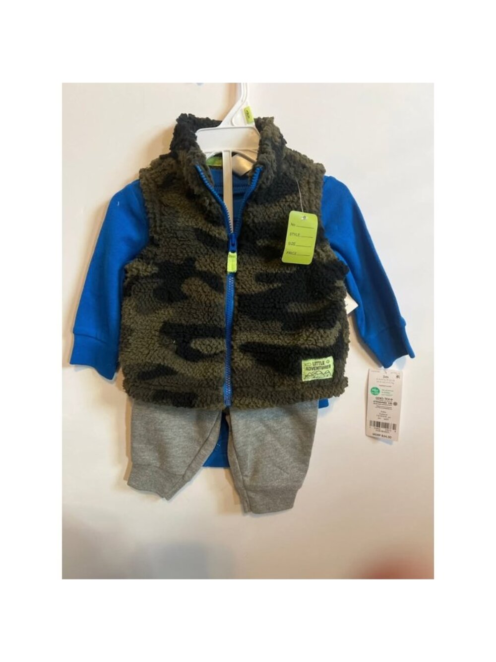 Baby Boys Cozy 3-Piece Camo Vest Blue Shirt & Gray Pants Outfit Set size 3 Month